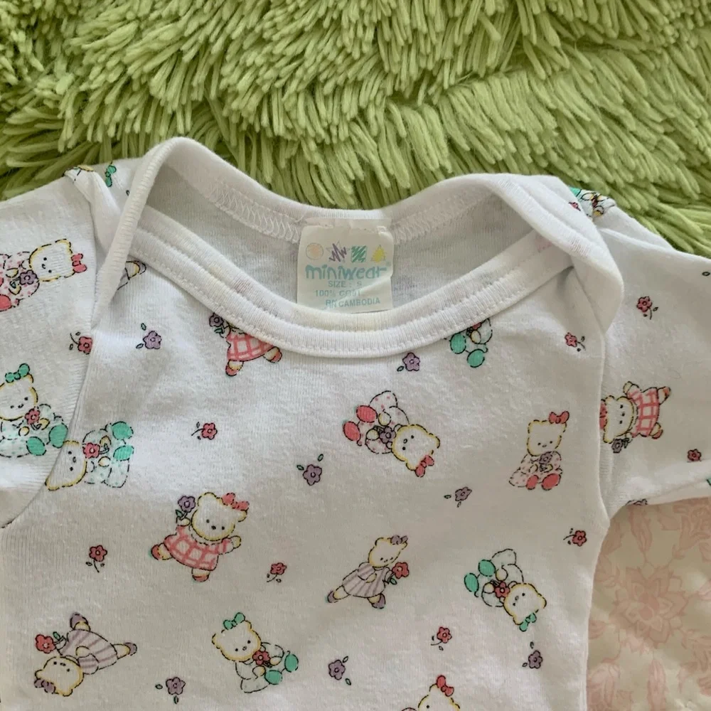 VTG Miniwear Sleeping Gown Sack 1 Piece Hat  Bears 3 PC Set Pajama White Newborn